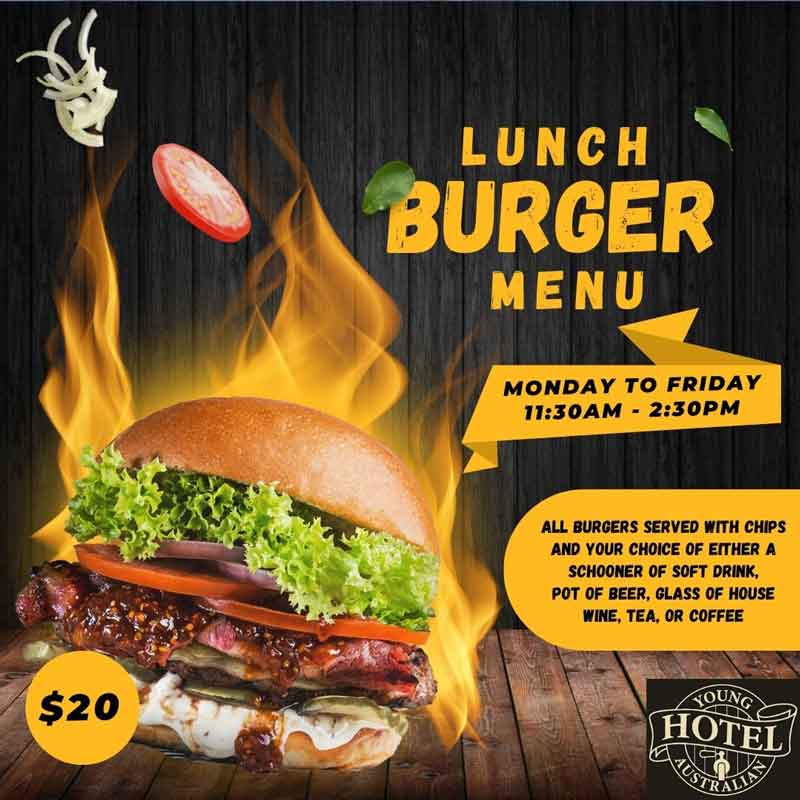 Lunch Burger Menu - Young Australian Hotel Bundaberg