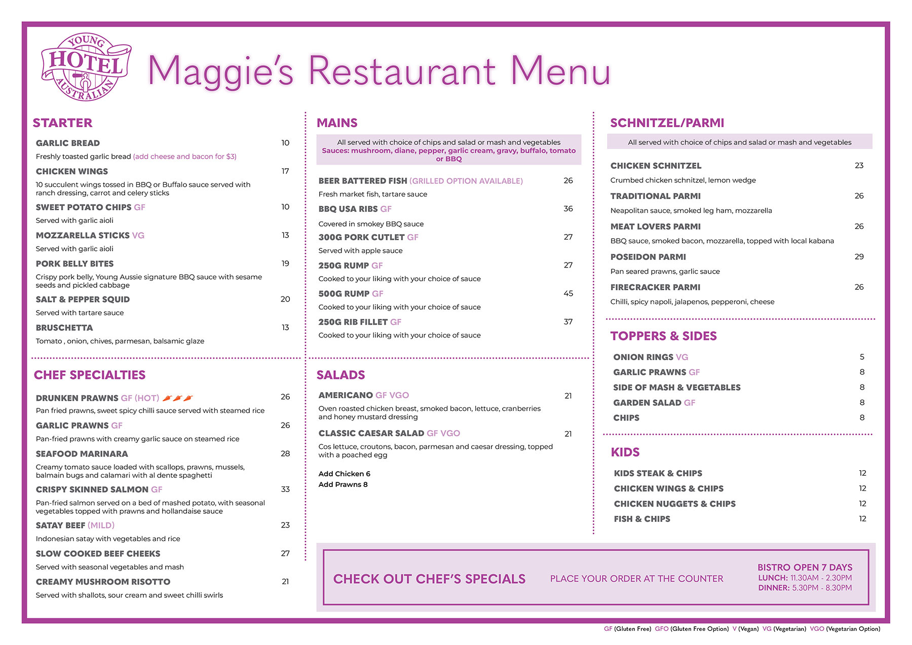 Young Australian Hotel Bundaberg - Restaurant Menu - Maggie's Restaurant